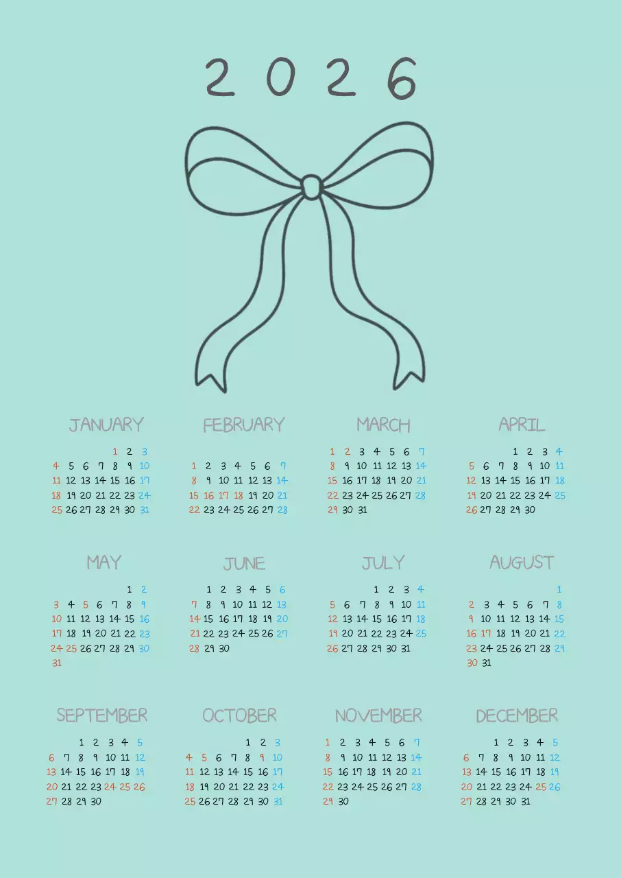 하늘색 심플 2026 달력 캘린더