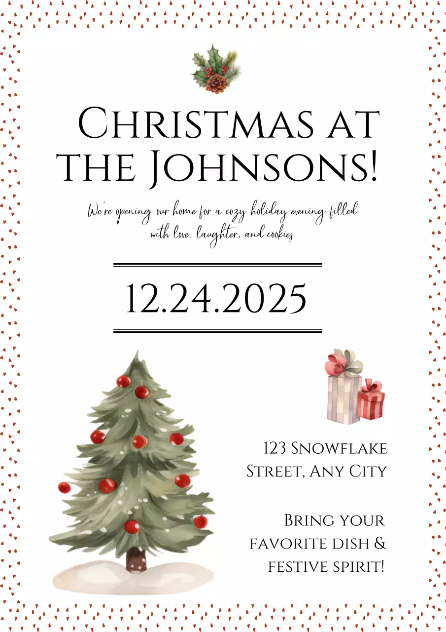 Elegant White and Red Christmas Invitation with Minimal Tree and Gift Illustrations