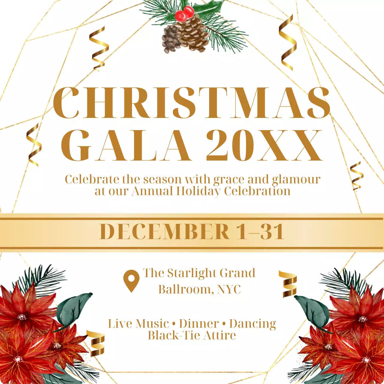 Elegant White and Gold Christmas Gala Invitation with Poinsettia Accents and Luxury