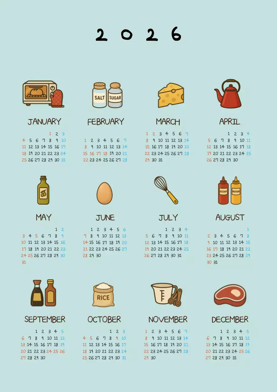 하늘색 빈티지 2026 달력 캘린더 calendar 가정용품