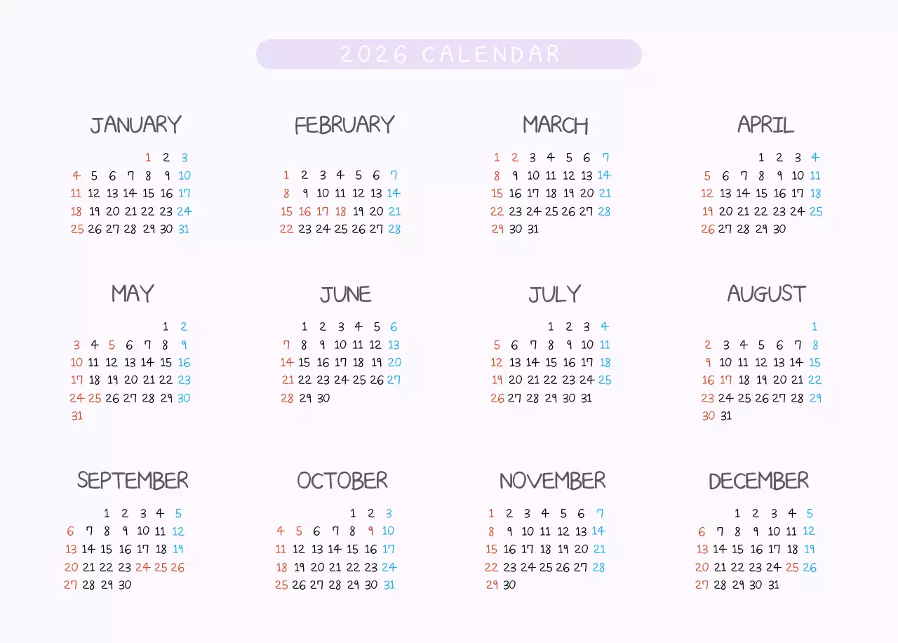연보라 심플 2026 달력 캘린더 calendar