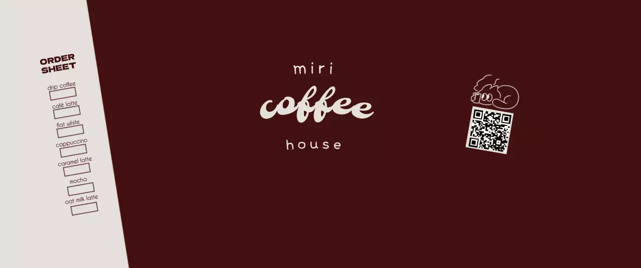 茶色 シンプル カフェ メニュー キューアールとチェック