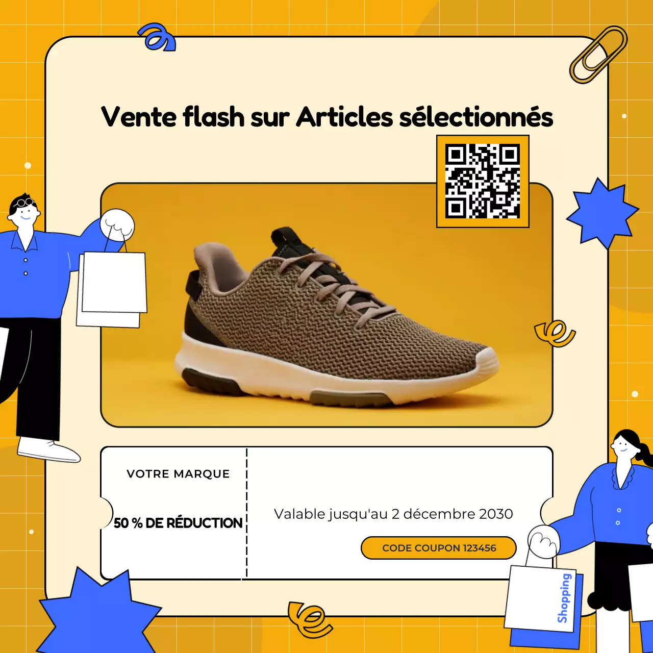 Offre promotionnelle sur les réseaux sociaux : coupon groupé illustré jaune et bleu pour le Nouvel An