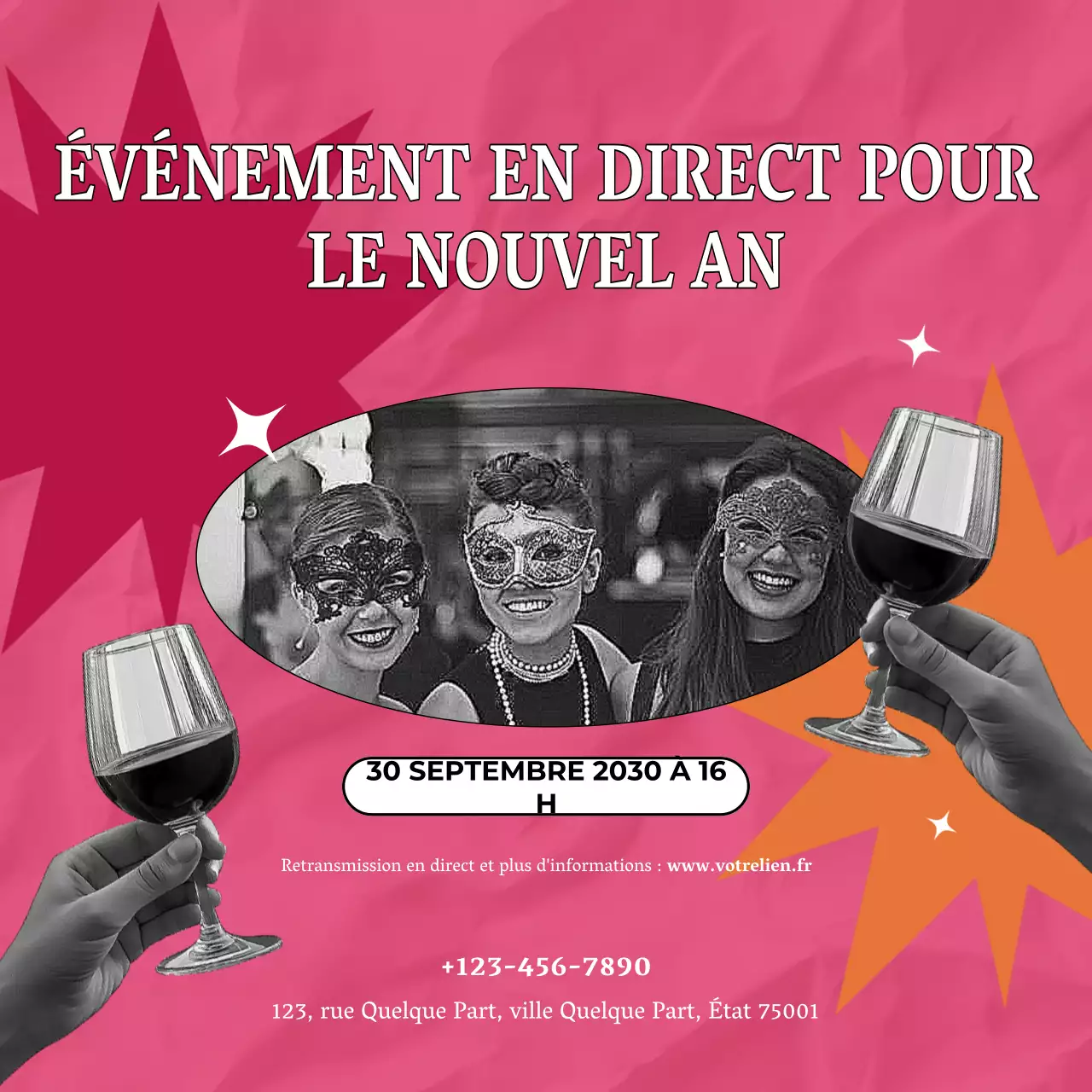 Annonce d'un événement rose et ludique pour le Nouvel An sur les réseaux sociaux