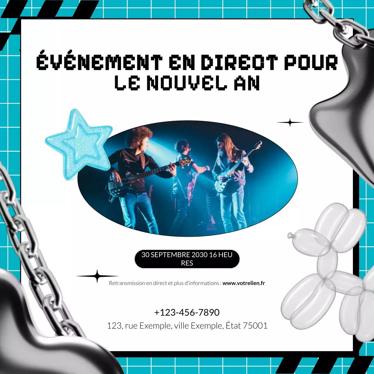 Annonce d'un événement Blue Y2K pour les réseaux sociaux du Nouvel An