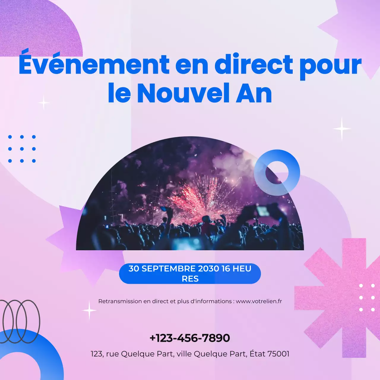 Annonce d'événement géométrique rose et bleu pour le Nouvel An sur les réseaux sociaux