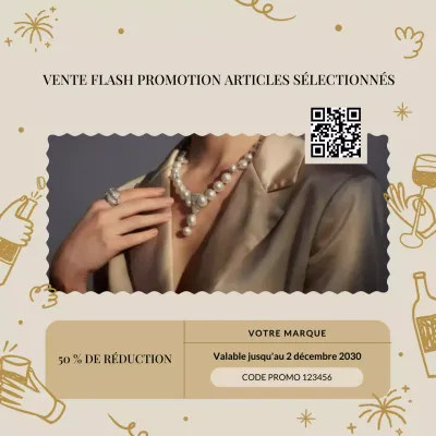 Offre spéciale pour les réseaux sociaux : coupon promotionnel pour un lot de produits marron clair dessinés à la main, idéal pour le Nouvel An.