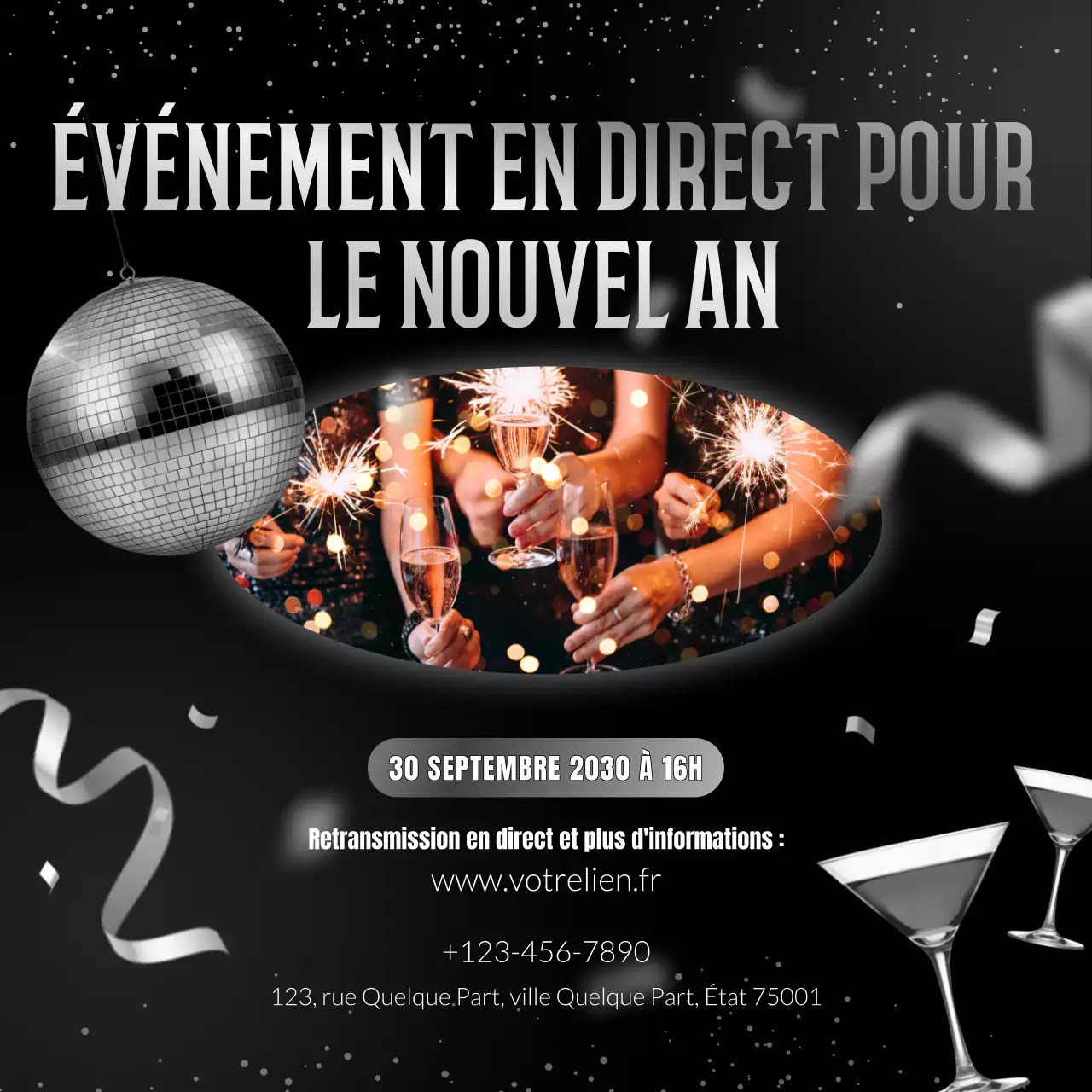 Annonce d'événement abstrait noir et argent pour le Nouvel An sur les réseaux sociaux