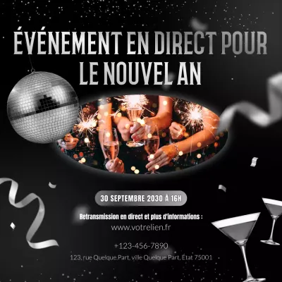 Annonce d'événement abstrait noir et argent pour le Nouvel An sur les réseaux sociaux