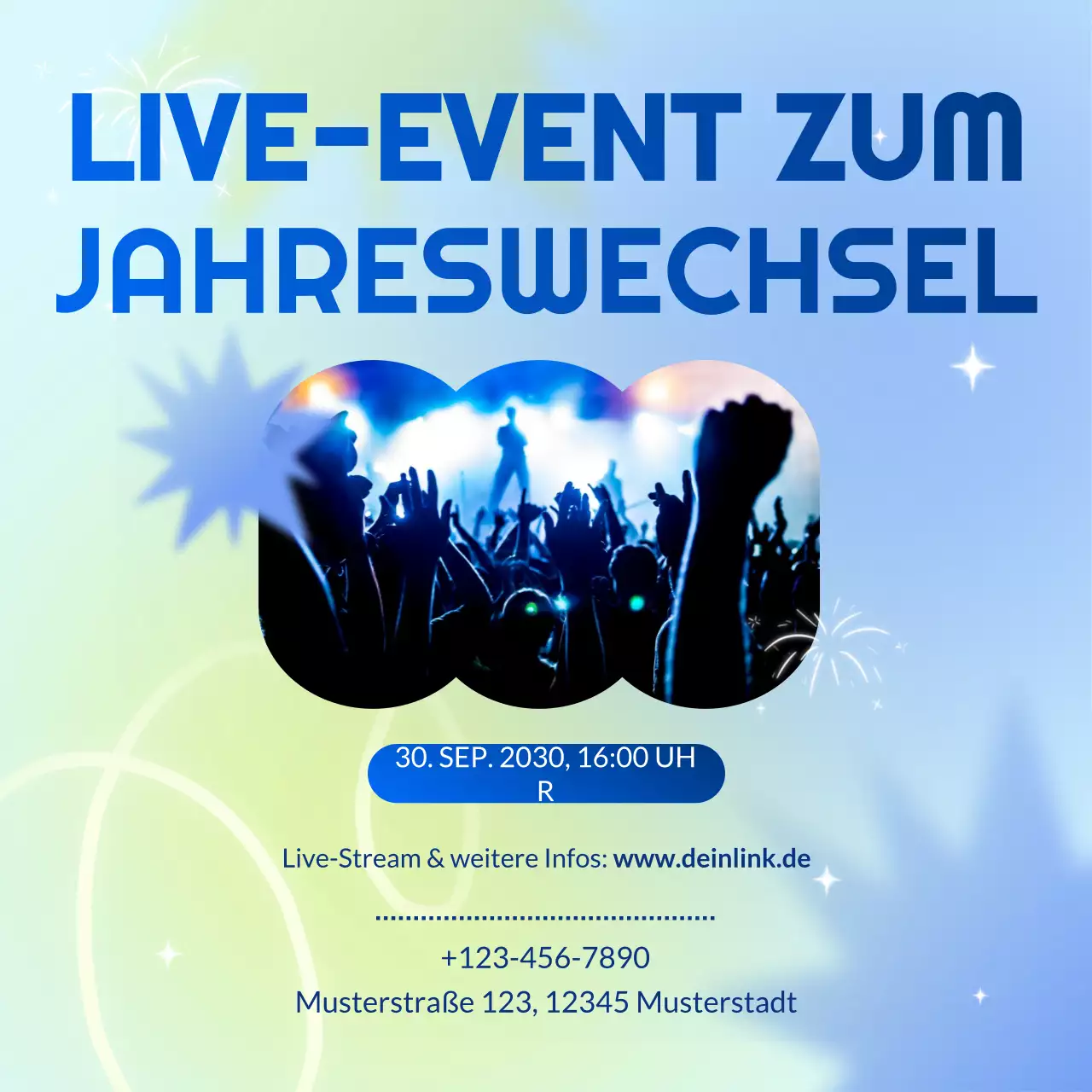 Ankündigung eines Events mit blau-grünem Farbverlauf für die sozialen Medien zum neuen Jahr