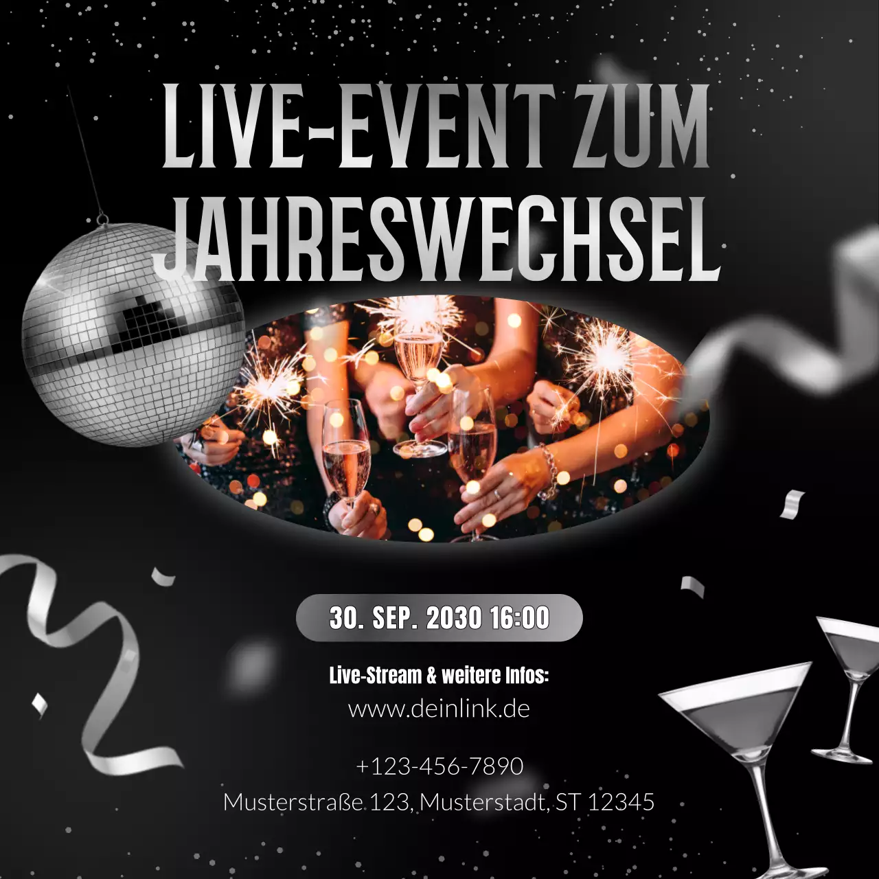 Ankündigung einer abstrakten Veranstaltung in Schwarz-Silber für die sozialen Medien zum neuen Jahr
