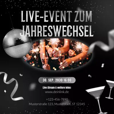 Ankündigung einer abstrakten Veranstaltung in Schwarz-Silber für die sozialen Medien zum neuen Jahr