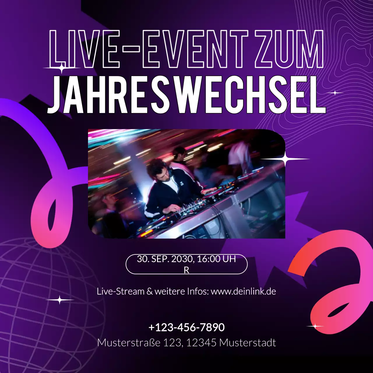 Ankündigung eines Events mit lila Farbverlauf für die sozialen Medien zum neuen Jahr