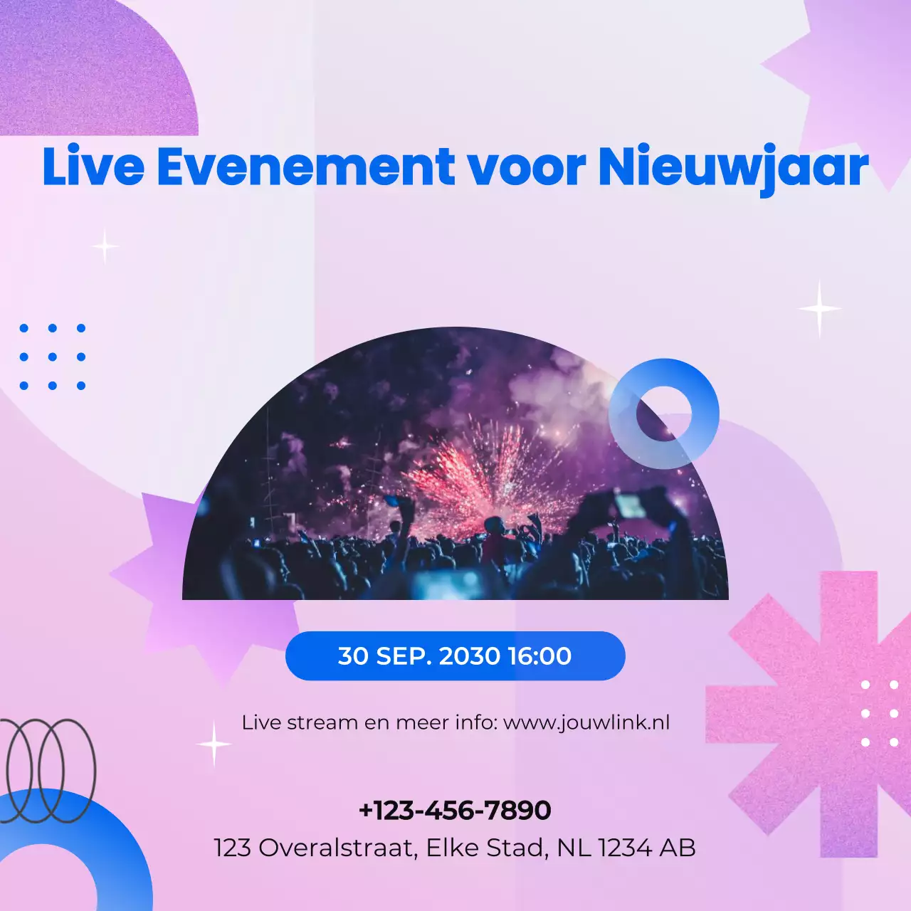 Roze Blauwe Geometrische Evenement Aankondiging voor Nieuwjaar Sociale Media