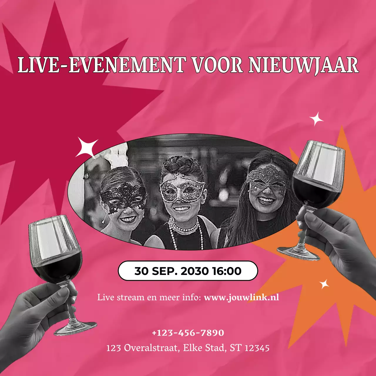 Roze speelse evenementaankondiging voor het nieuwe jaar op sociale media