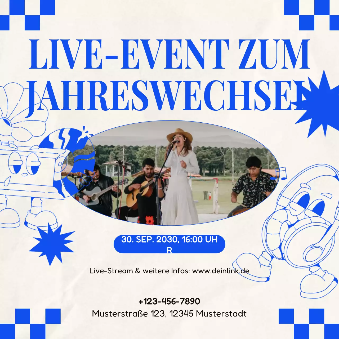 Ankündigung eines blau-weißen Retro-Events für die sozialen Medien zum neuen Jahr