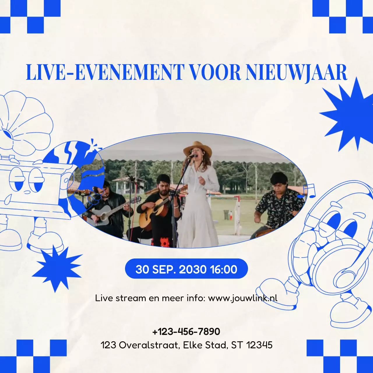 Aankondiging van een Blue White Retro-evenement voor sociale media voor het nieuwe jaar