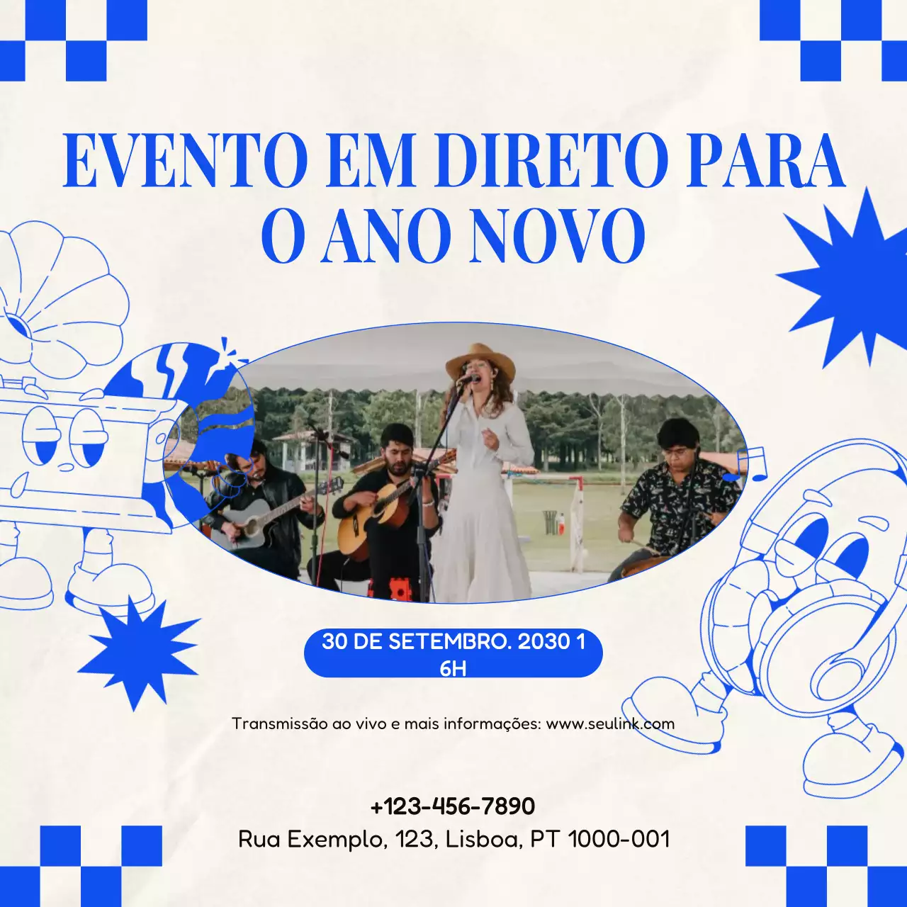 Anúncio do evento retrô azul e branco para o Ano Novo nas redes sociais