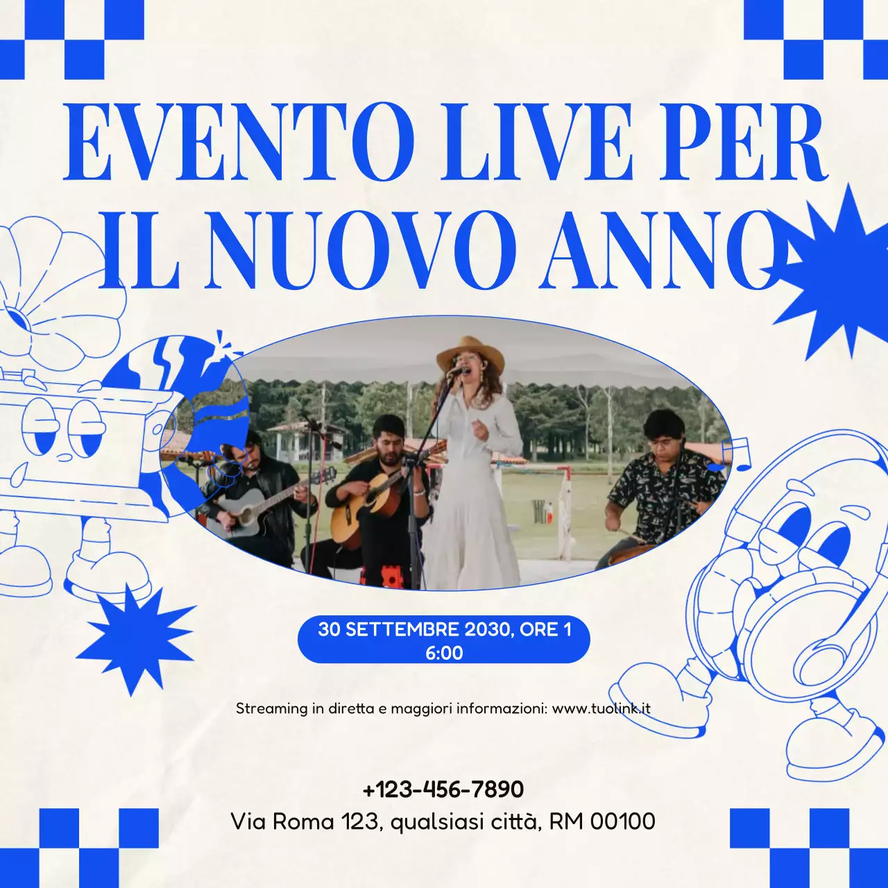 Annuncio dell'evento Blue White Retro per i social media di Capodanno