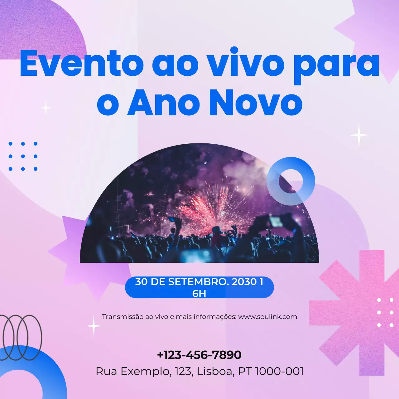 Anúncio de evento geométrico rosa e azul para o Ano Novo nas redes sociais