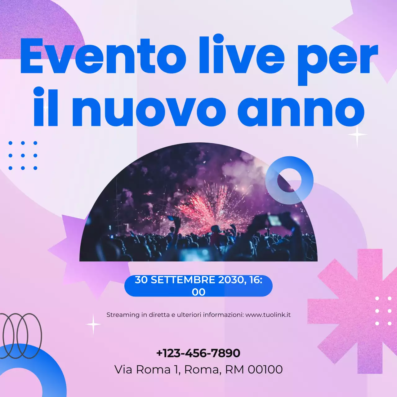Annuncio dell'evento geometrico rosa e blu per i social media di Capodanno