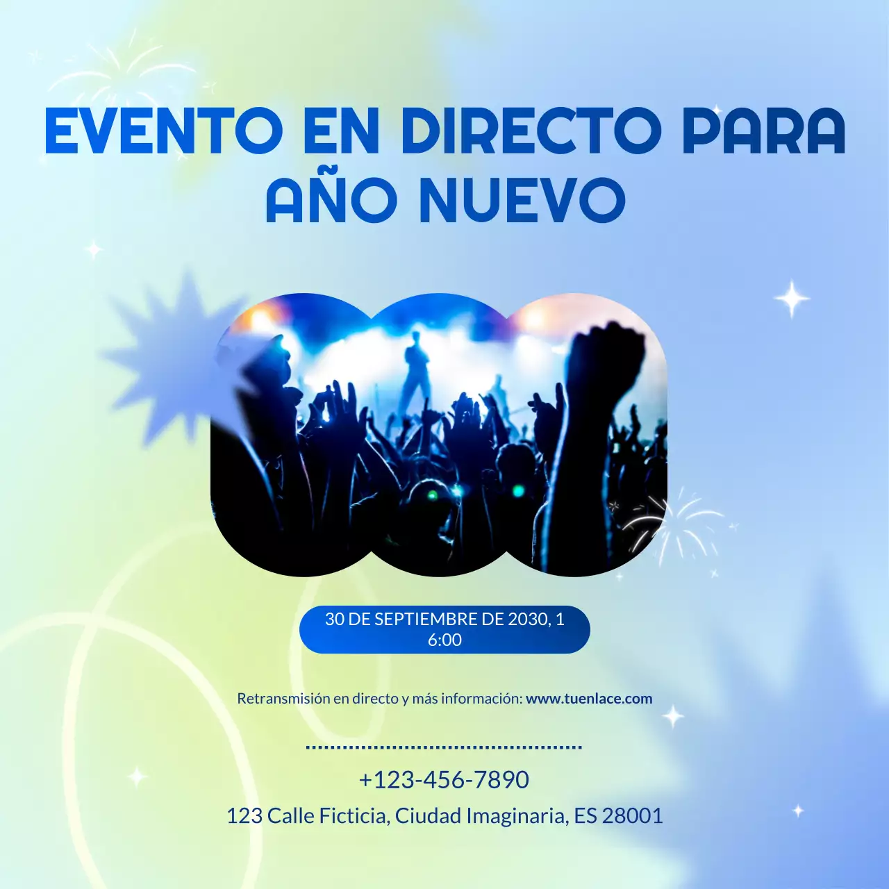 Anuncio de evento con degradado azul verdoso para redes sociales de Año Nuevo