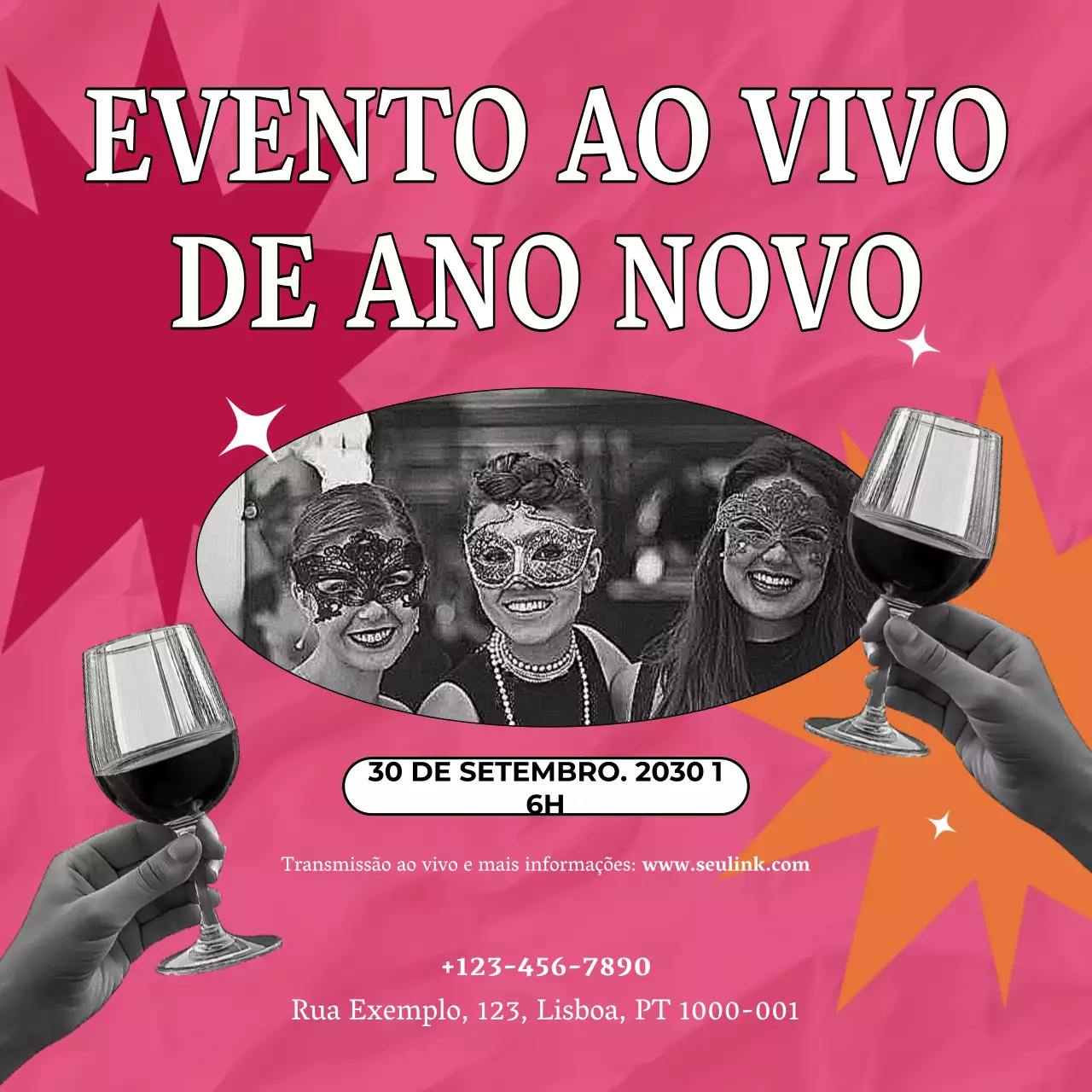 Anúncio de evento divertido e cor-de-rosa para o Ano Novo nas redes sociais