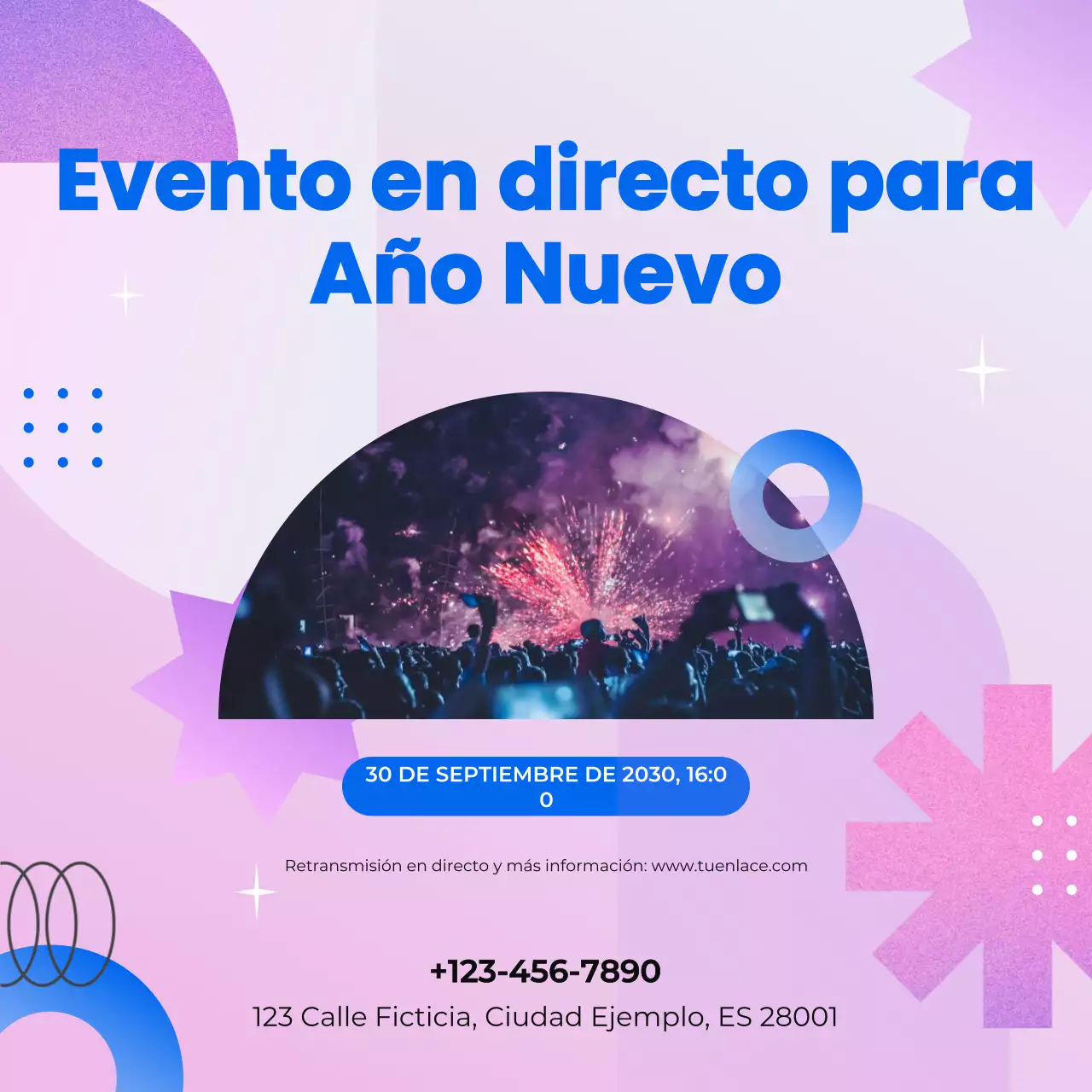 Anuncio de evento geométrico rosa y azul para redes sociales de Año Nuevo