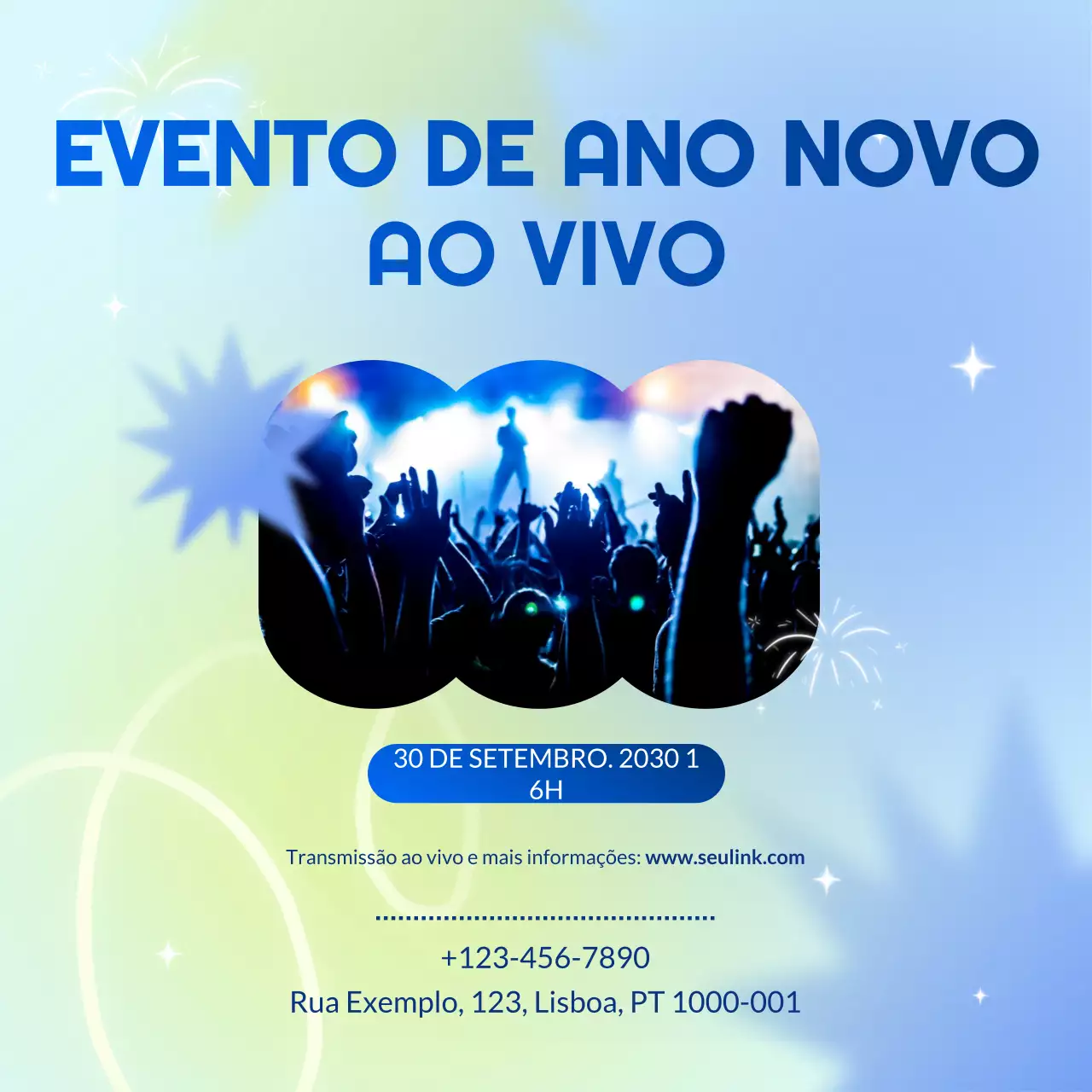 Anúncio de evento com degradê azul e verde para o Ano Novo nas redes sociais