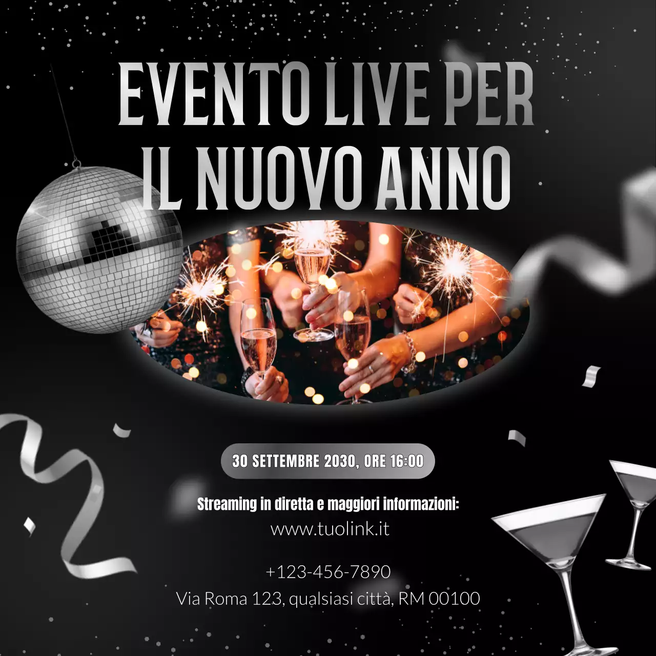 Annuncio dell'evento astratto nero argento per i social media di Capodanno