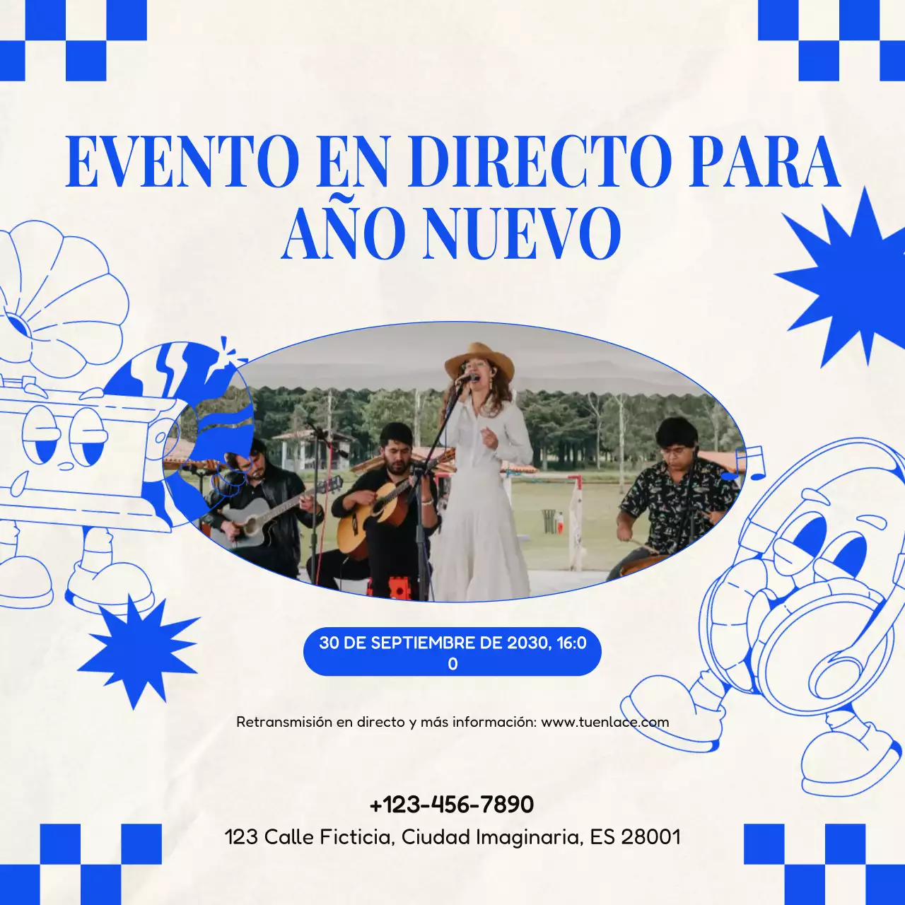 Anuncio del evento retro azul y blanco para redes sociales de Año Nuevo
