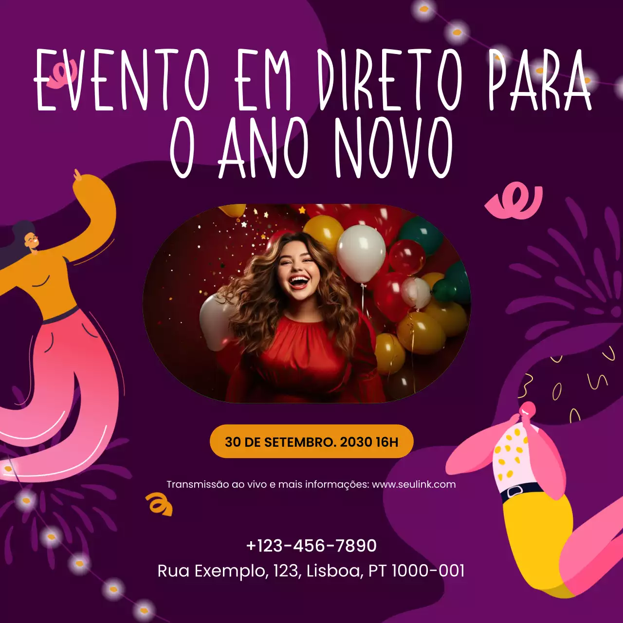 Anúncio ilustrado em azul para o evento de Ano Novo nas redes sociais