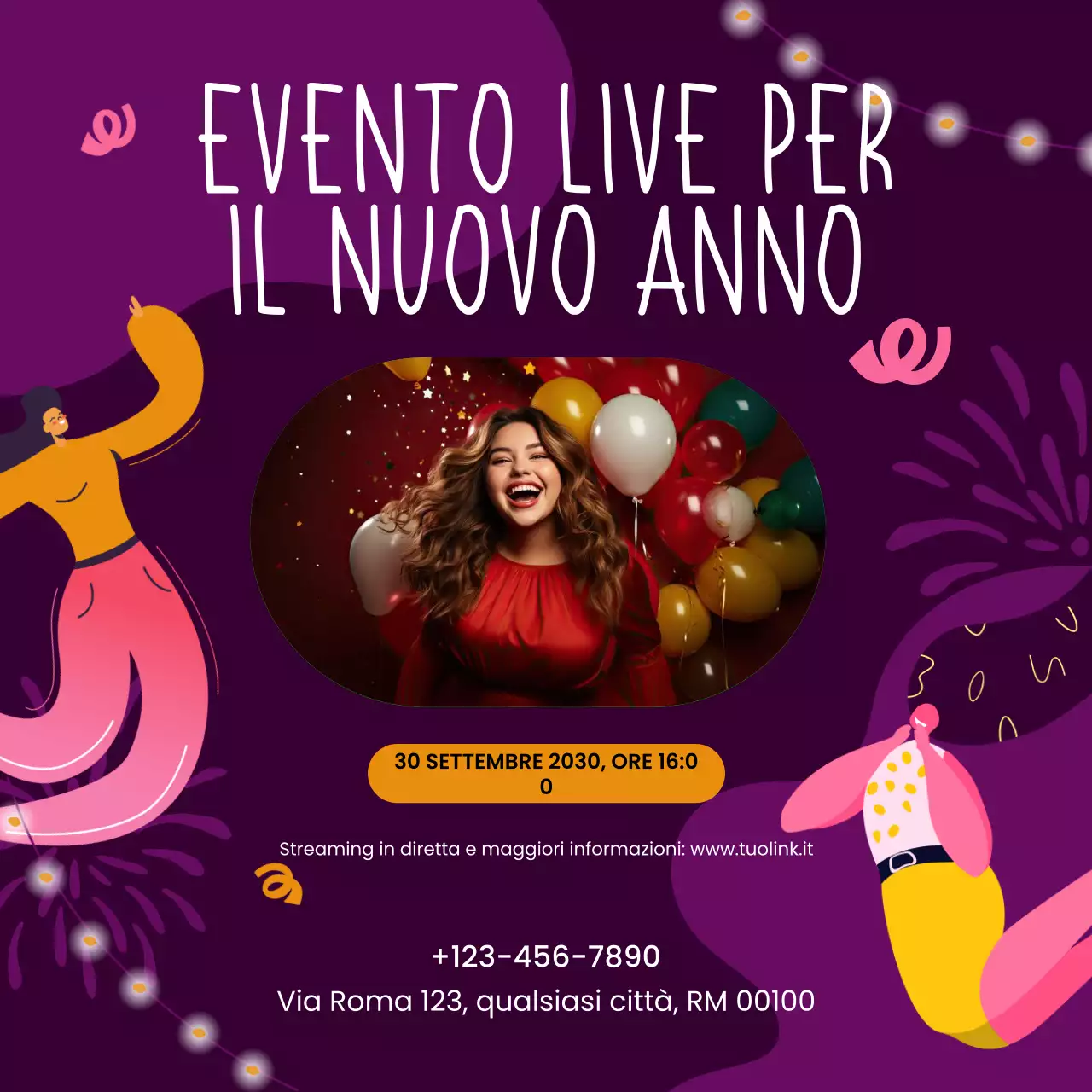 Annuncio dell'evento illustrato in blu per i social media di Capodanno