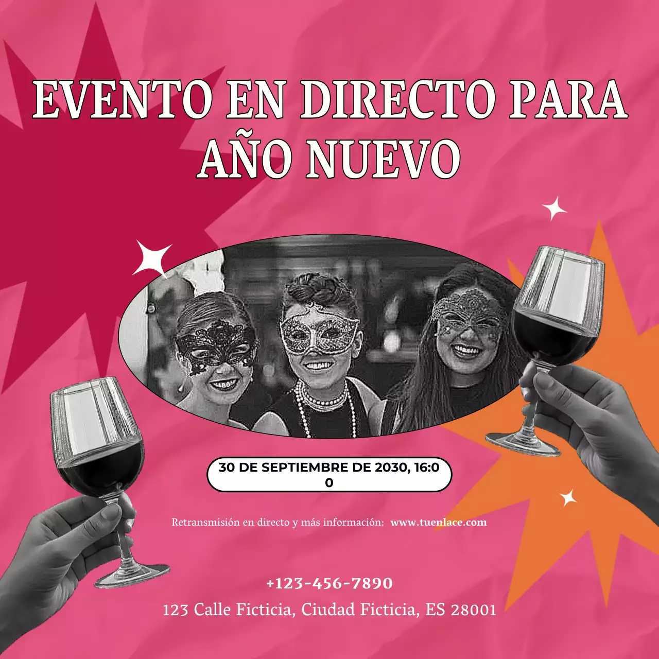 Anuncio de evento divertido en rosa para redes sociales de Año Nuevo