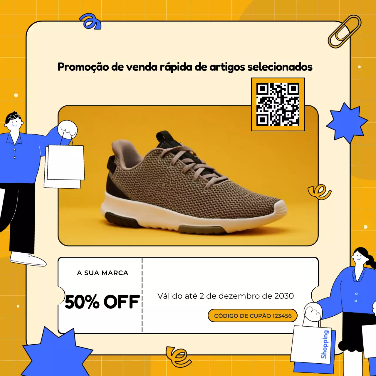 Cupom de desconto para o pacote ilustrado amarelo e azul para o Ano Novo nas redes sociais