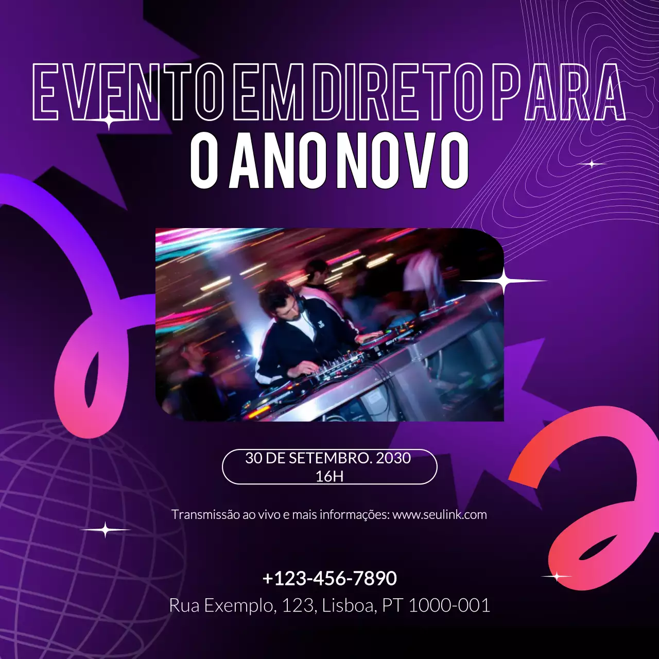 Anúncio de evento com degradê roxo para o Ano Novo nas redes sociais