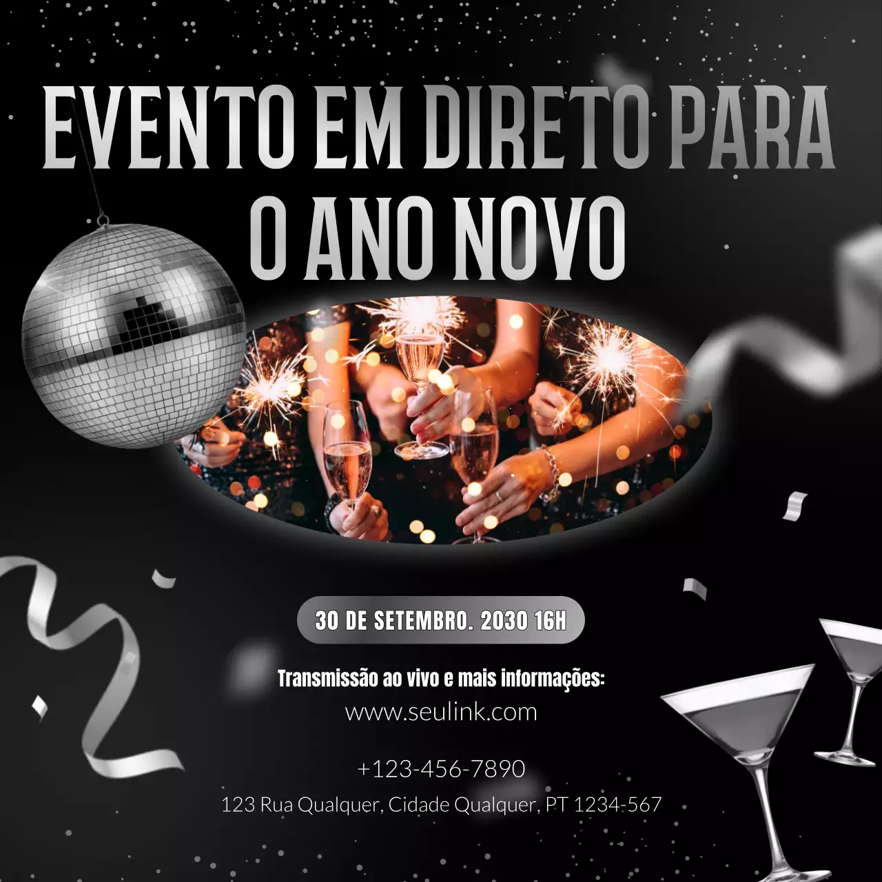 Anúncio de evento abstrato em preto e prata para o Ano Novo nas redes sociais