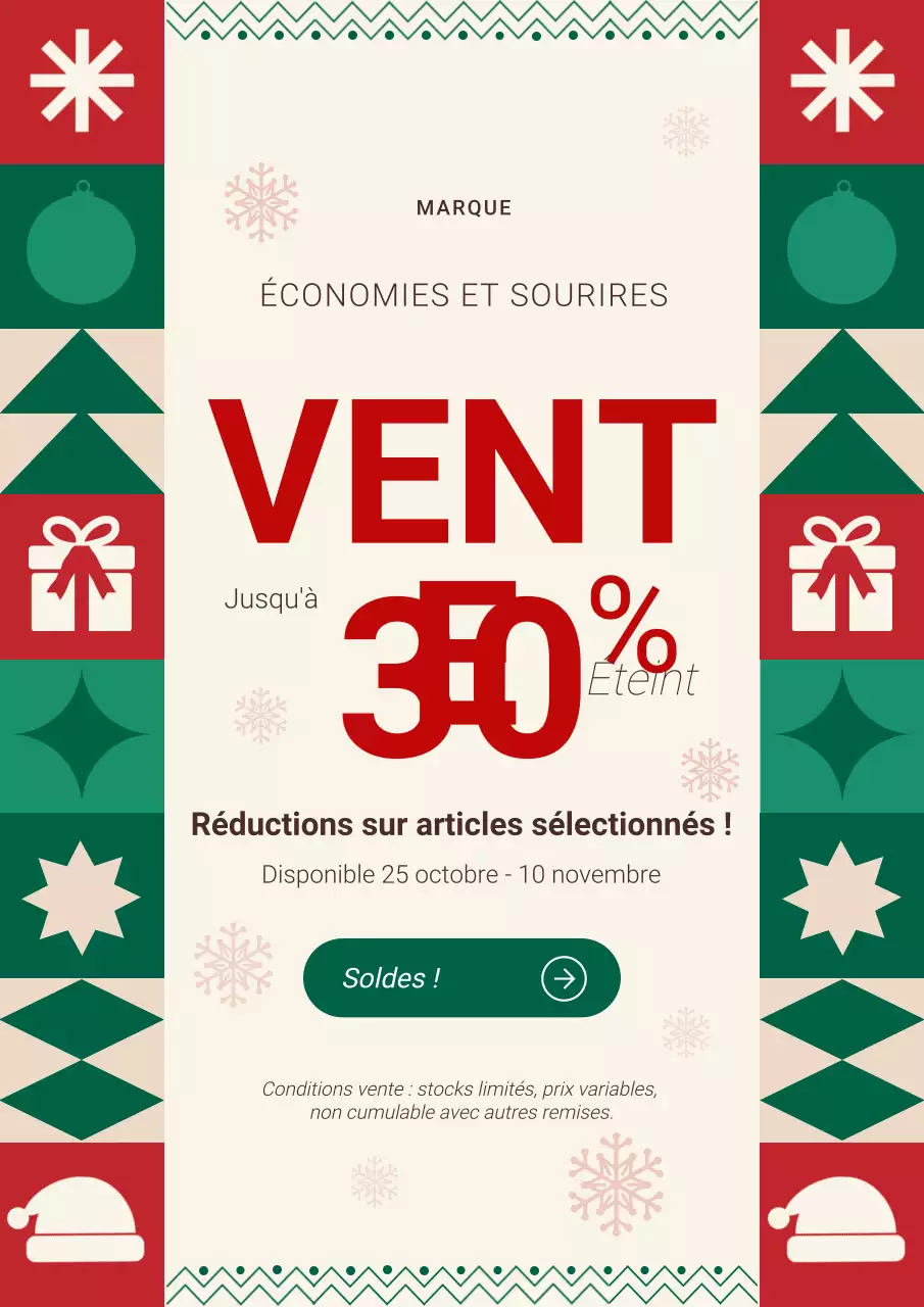 Affiche promotionnelle de Noël géométrique audacieuse verte et rouge