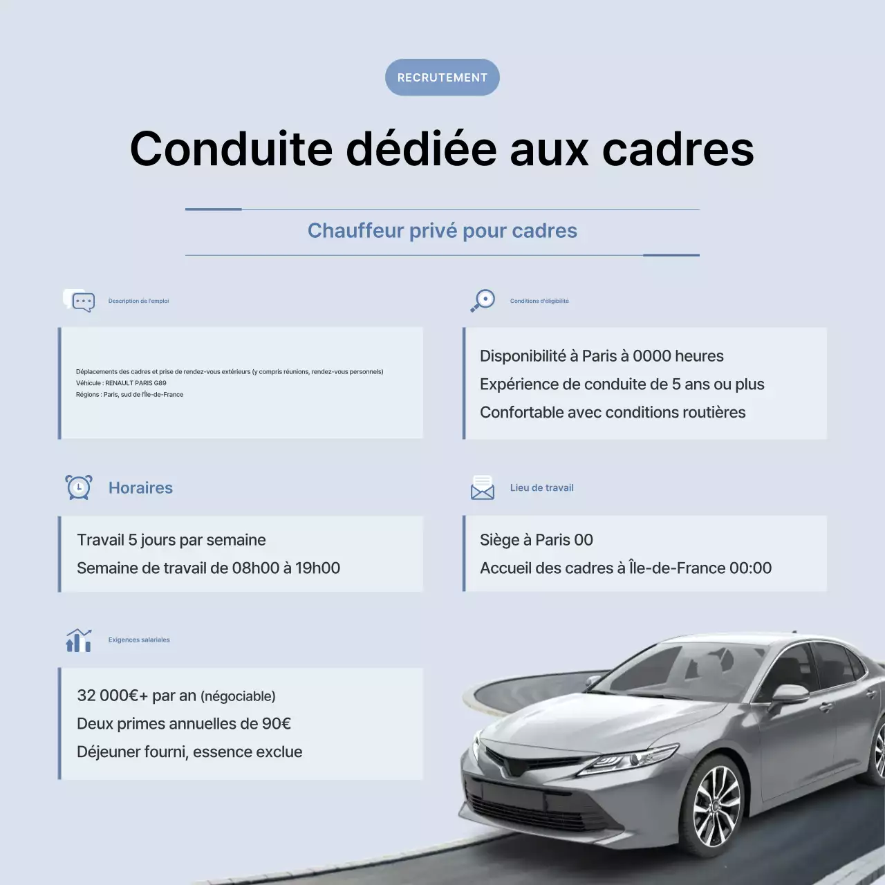Offre d'emploi de chauffeur personnel minimaliste bleu ciel