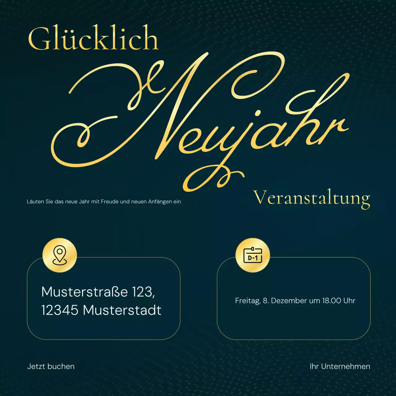 Elegante Social-Media-Plattform für ein Silvester-Event in Schwarz und Gold