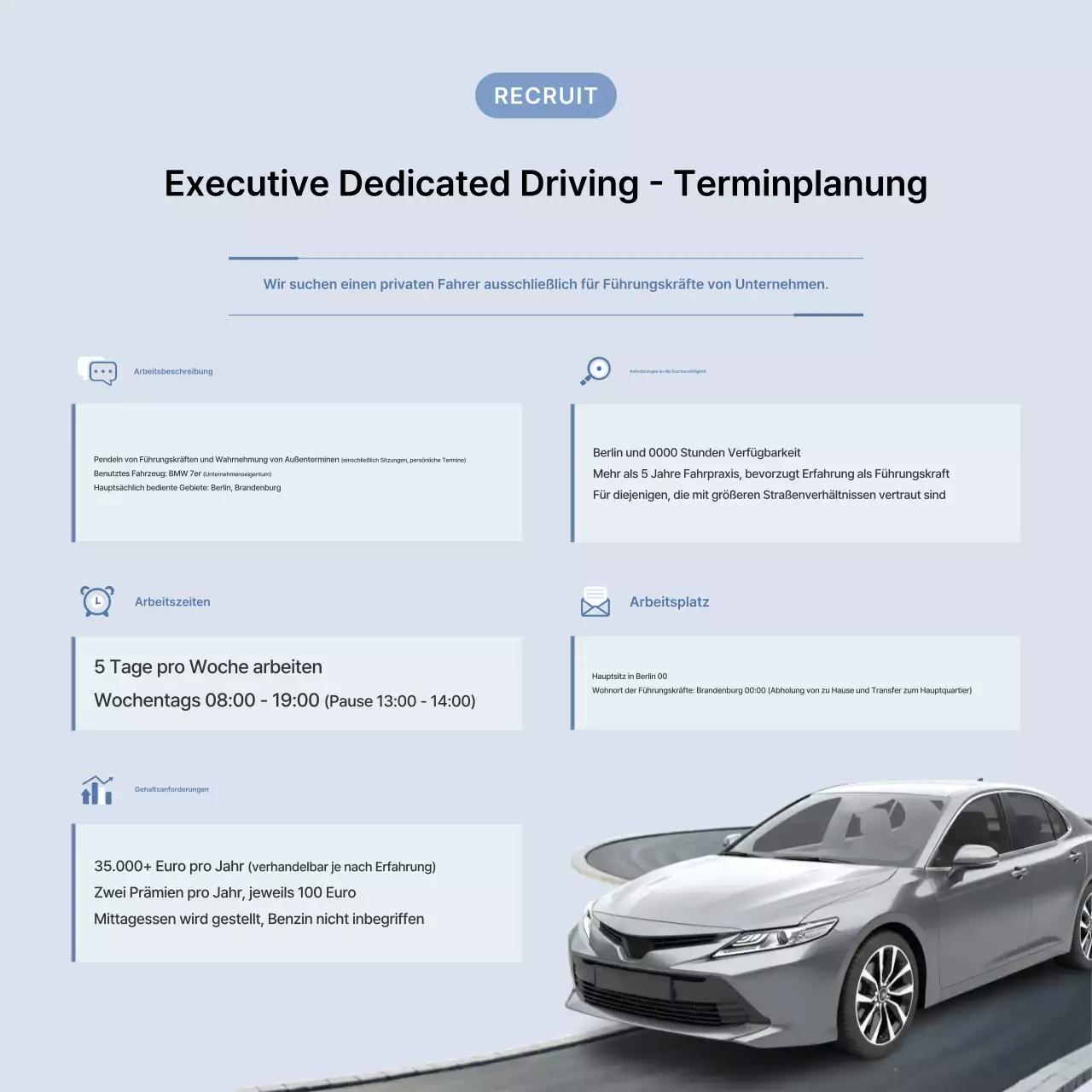 Stellenanzeige für einen minimalistischen persönlichen Chauffeur in Himmelblau