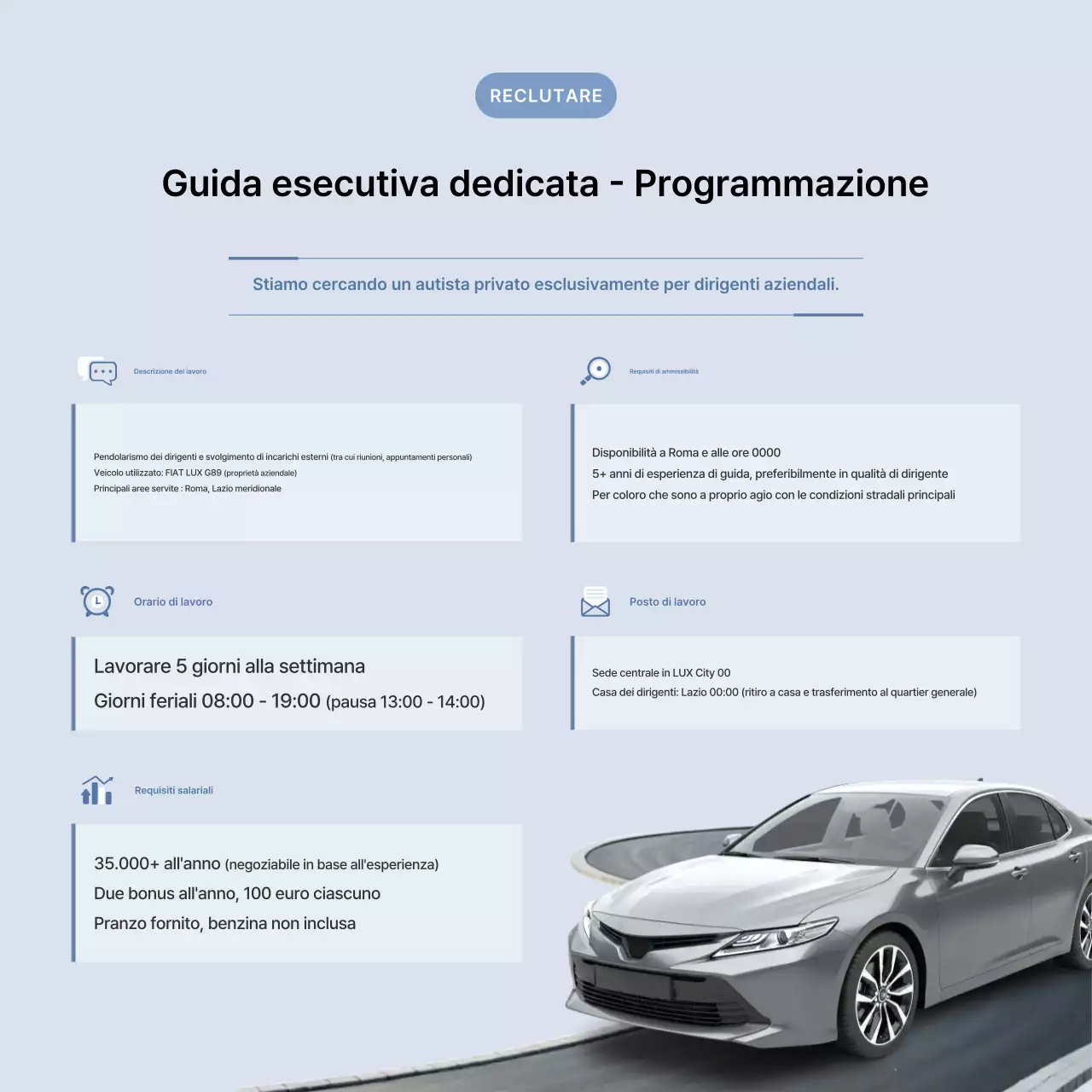 Offerta di lavoro per autista personale minimalista blu cielo