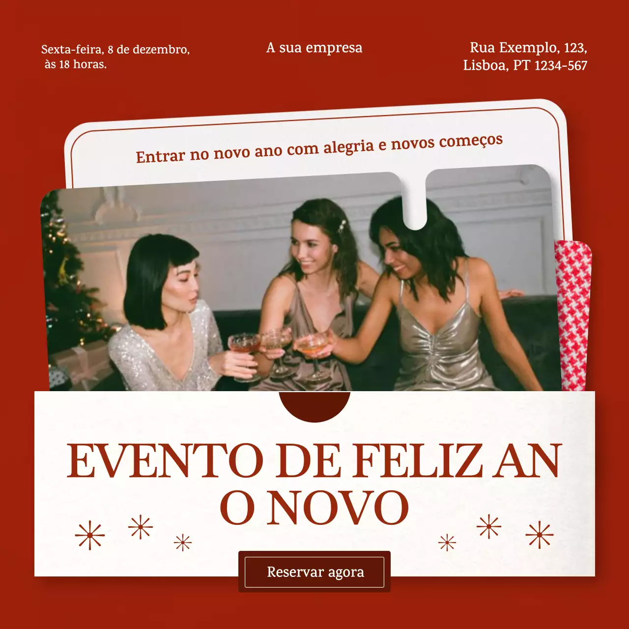 Praça de mídia social para evento de Ano Novo moderno em vermelho e branco