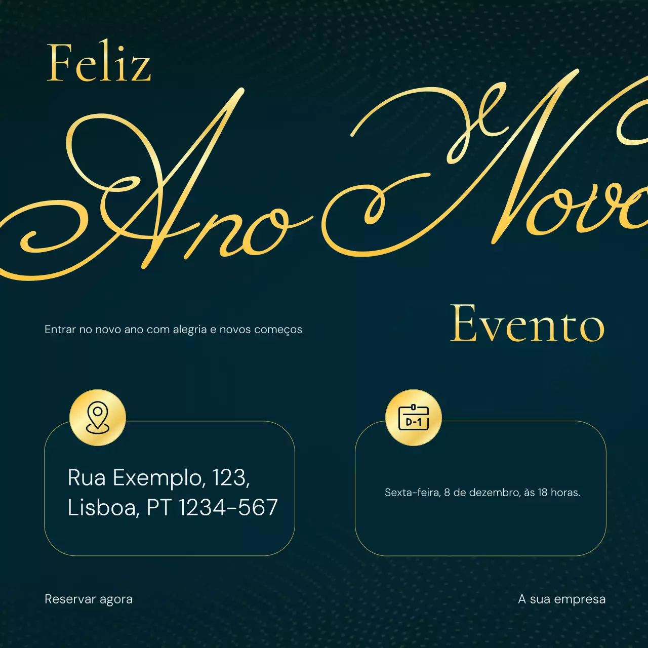 Quadrado para mídia social com tema de Ano Novo elegante em preto e dourado