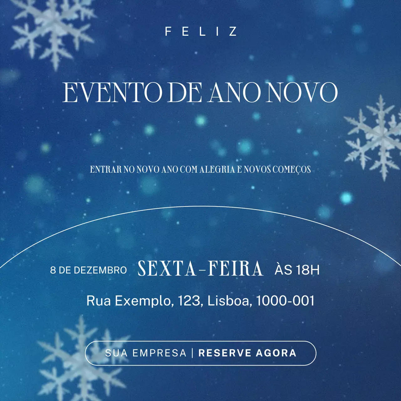 Quadrado para mídia social elegante e minimalista em azul e branco para evento de Ano Novo