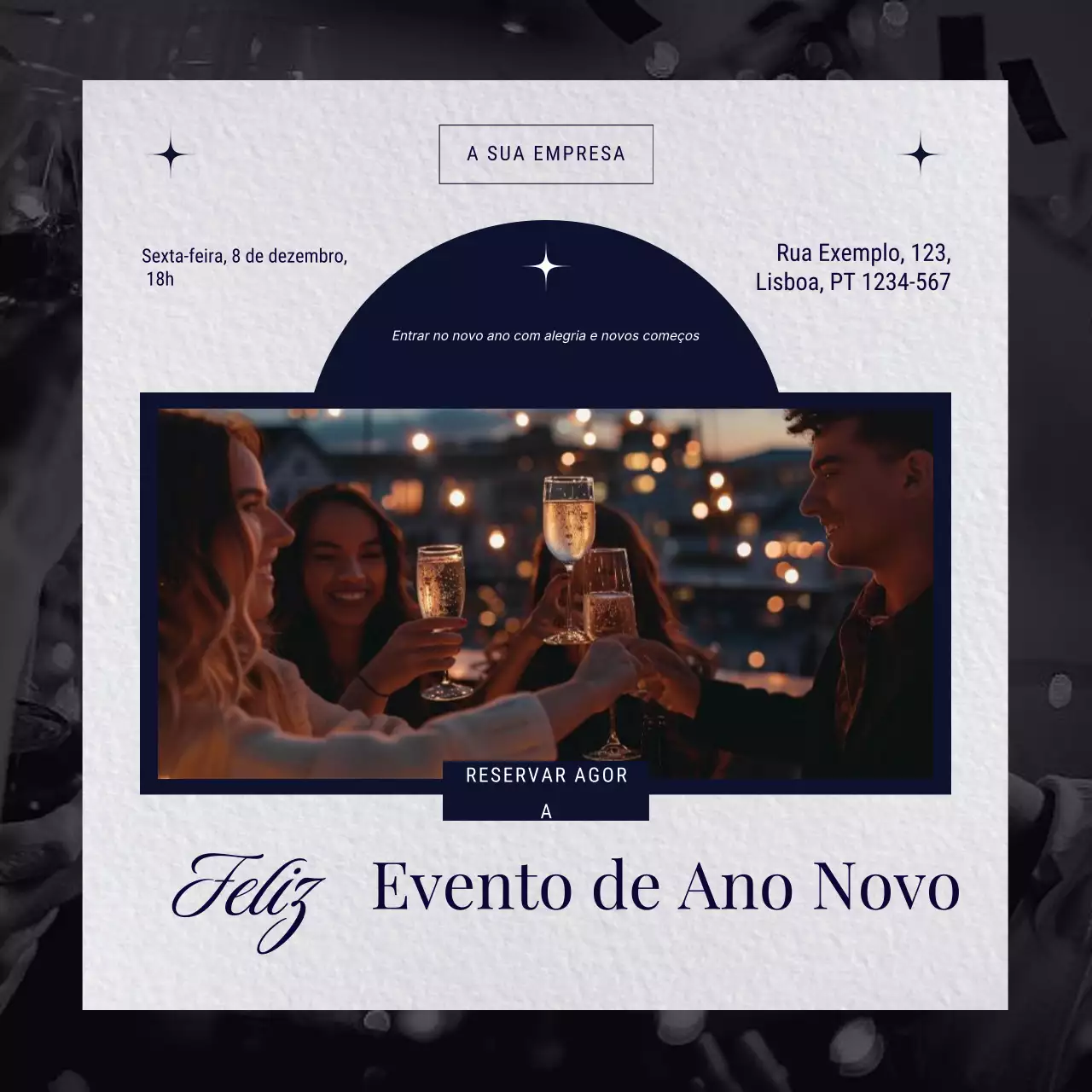 Quadrado minimalista em tons de cinza e azul para redes sociais sobre o evento de Ano Novo para o Ano Novo