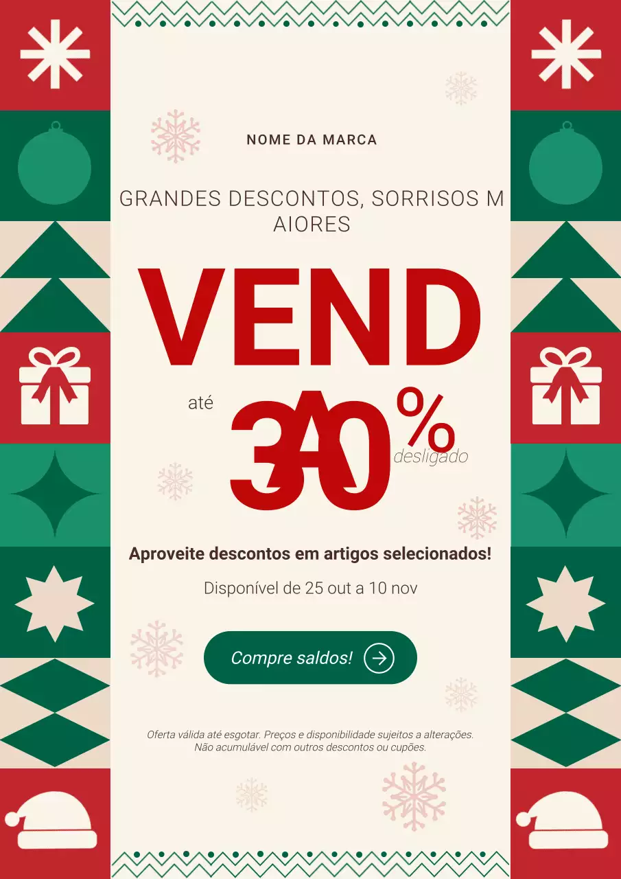Pôster promocional de Natal com geometria arrojada em verde e vermelho