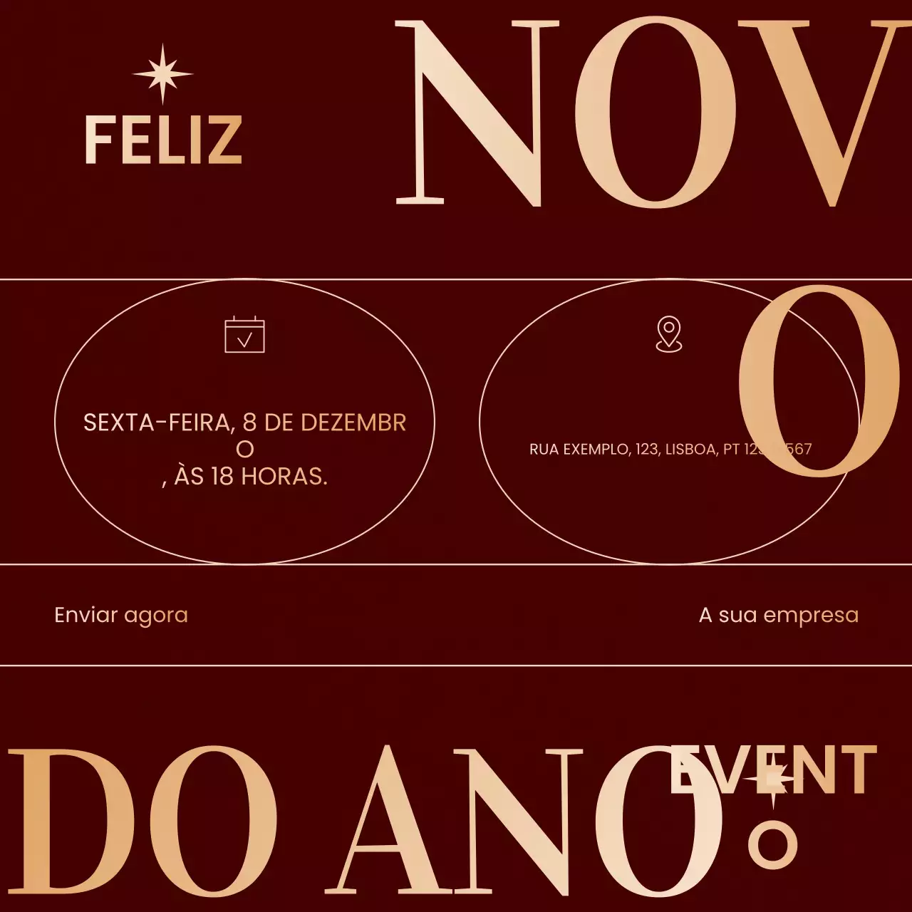 Quadrado para mídia social com design minimalista em vermelho e dourado para evento de Ano Novo