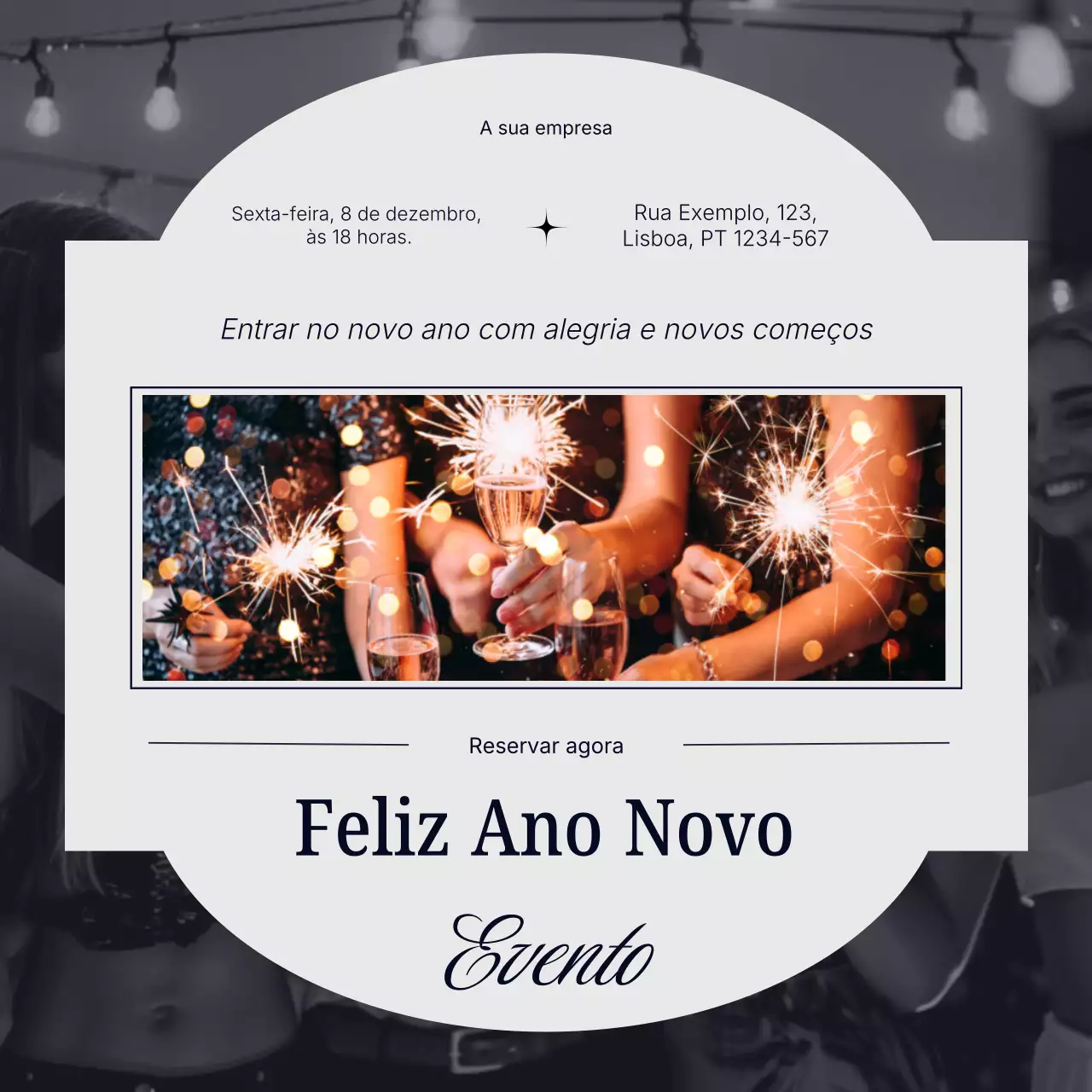 Quadrado minimalista em tons de cinza e azul para redes sociais sobre o evento de Ano Novo para o Ano Novo