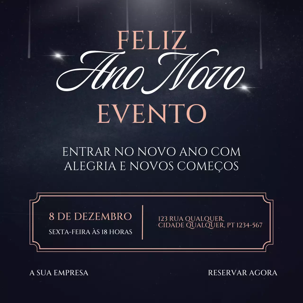 Quadrado para mídia social de evento de Ano Novo minimalista de luxo em preto e dourado para o Ano Novo
